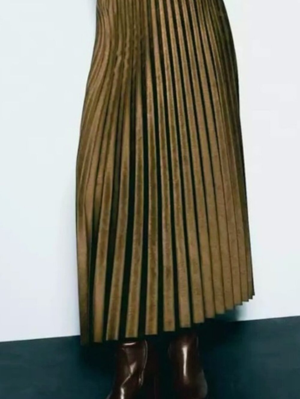 ZARA Faux Suede Pleated Belted Maxi Skirt Dark Olive Size M - Picture 3 of 13